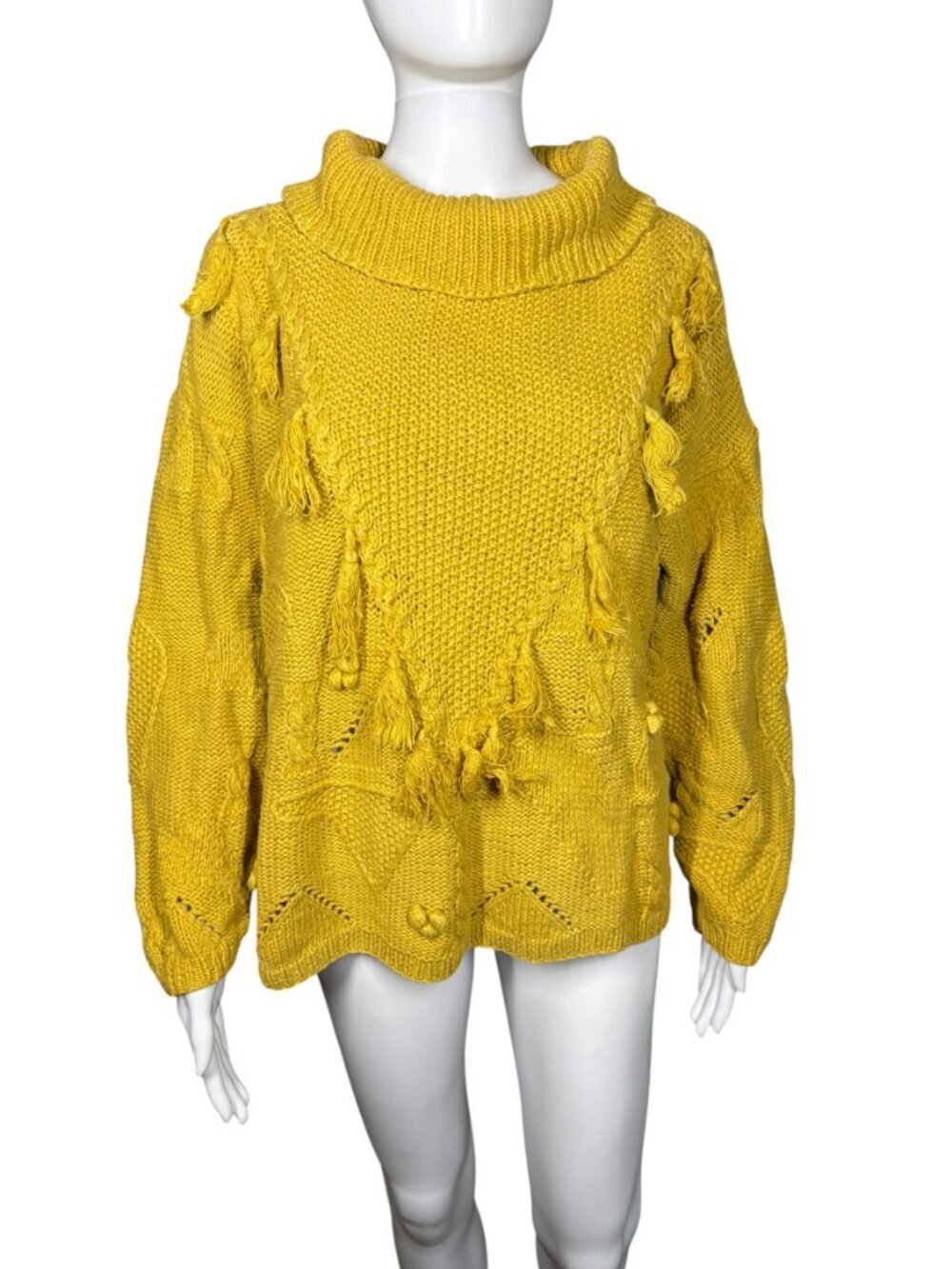 Jennifer Reed hand knitted yellow vintage sweater with tassels large